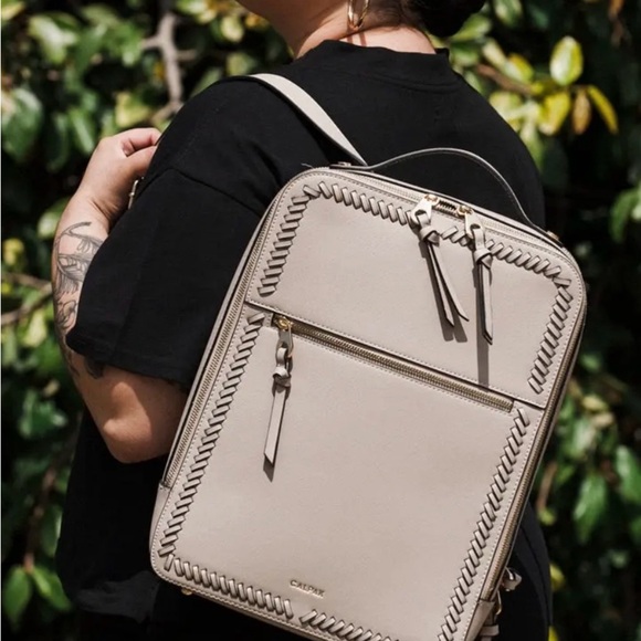 Calpak Cream Backpack/15” Laptop with Gold Zippers and Textured Finish - Picture 6 of 9